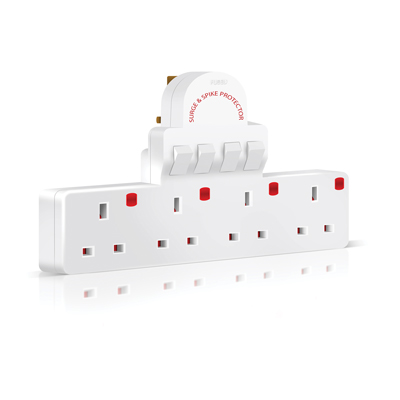 Switched Plug to 4xSocket Adapter with Surge and Spike Protection