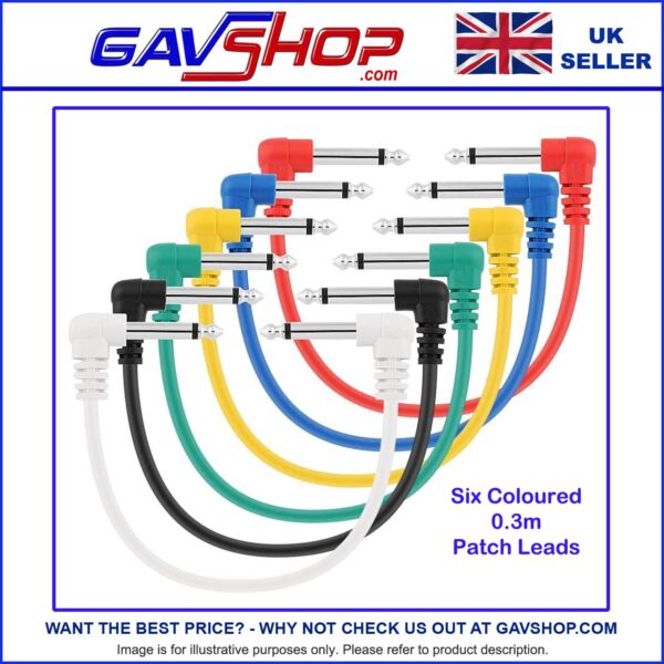 Jack Plug Patch Cables 6 x 6.35mm Right Angled Jack Plug Screened Leads - 0.3m