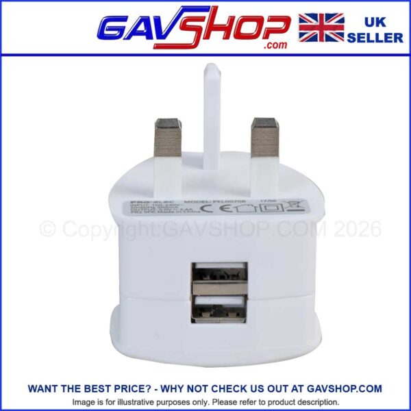 USB Mains Charger 2 Port 12W, 2 x USBA, White