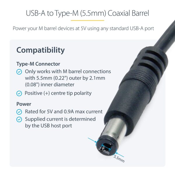 USB 2.0 to 5.5mm Type M Barrel 5V DC Power Cable, 2m -  USB2TYPEM2M