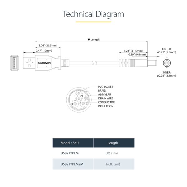 USB 2.0 to 5.5mm Type M Barrel 5V DC Power Cable, 2m -  USB2TYPEM2M