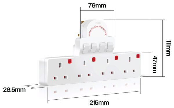 Switched Plug to 4xSocket Adapter with Surge and Spike Protection