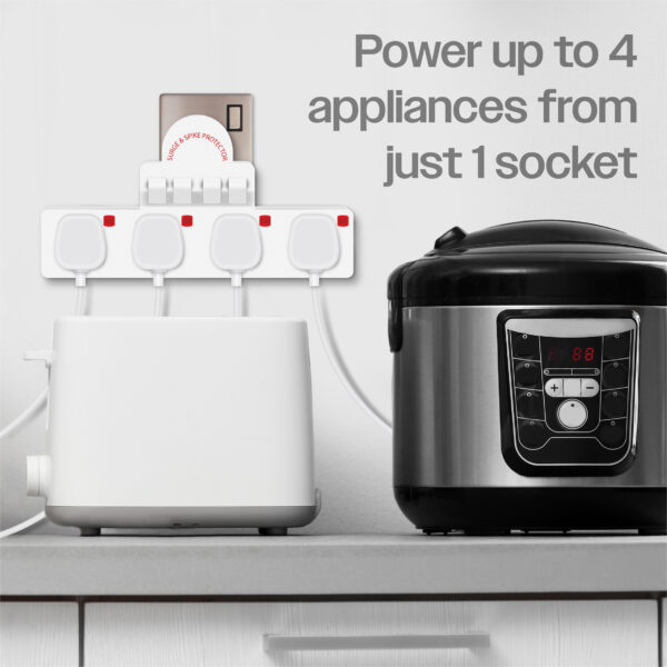 Switched Plug to 4xSocket Adapter with Surge and Spike Protection