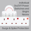 Switched Plug to 4xSocket Adapter with Surge and Spike Protection