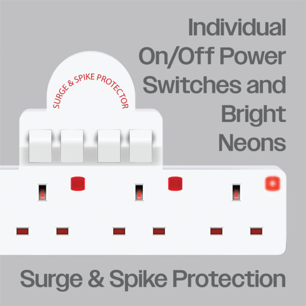Switched Plug to 4xSocket Adapter with Surge and Spike Protection