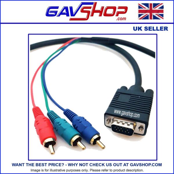 GAVSHOP-1m-VAG-to-3-x-Phono-RCA 15 Pin VGA (D Sub) Male to 3x Phono (RCA) Male Lead, 200mm & 1m Black