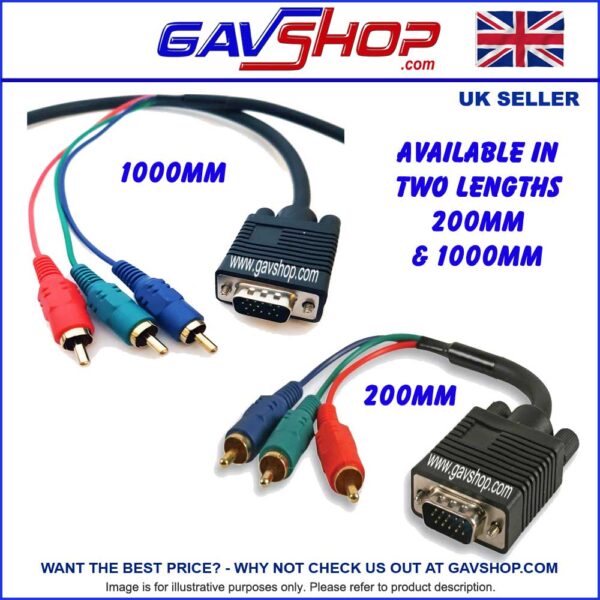 VGA-to-3-x-RCA-Phono-Plugs 15 Pin VGA (D Sub) Male to 3x Phono (RCA) Male Lead, 200mm & 1m Black