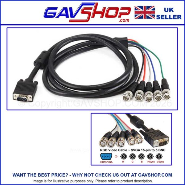 15 Pin VGA (D Sub) Male to 5 BNC Male RGBHV Connectors Lead