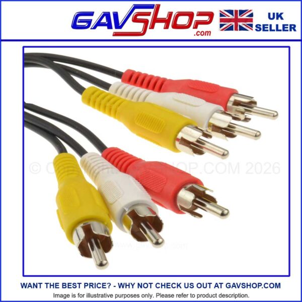 3x Phono (RCA) Plugs Male to 3 x Male Lead, Video & Audio Various Size Cable Lengths