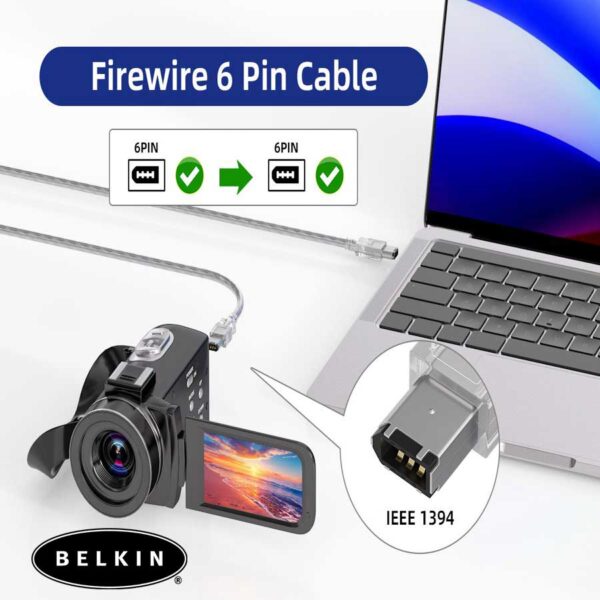 1.8m Belkin FireWire 400 Cable IEEE-1394a 6-Pin Male to Male Data Transfer Cable