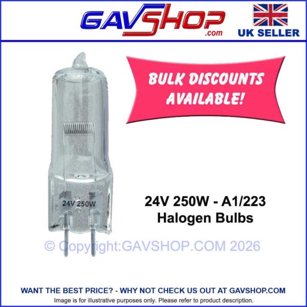 24v---250W-Halogen-Bulb-GAVSHOP-ITEM 24V 250W Halogen Bulbs A1/223 Capsule Lamps Used For Disco Lighting Effects, OHP's, Fibre Optics, Projectors