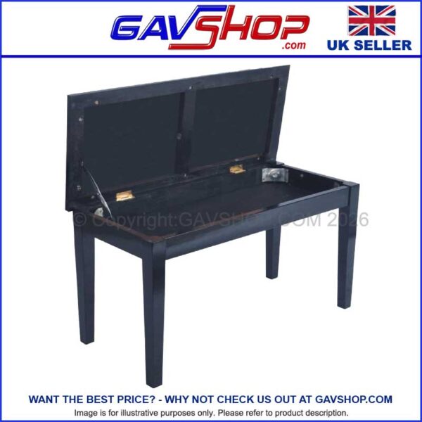 Piano or Keyboard Bench with Storage Compartment in Gloss Black Studded Cushion