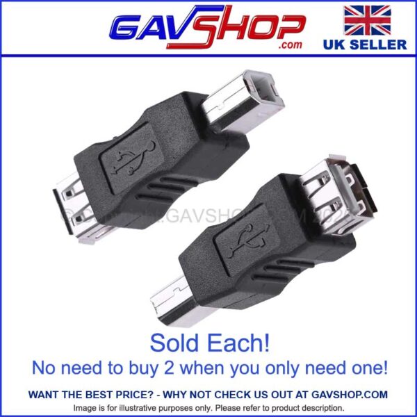 USB A to B Adapter - Female to Male Converter for Printers, Scanner, Fax