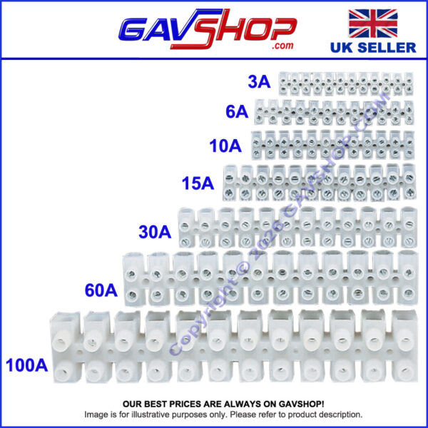 Electrical Screw Terminal Block 12 Way Strip 3A, 6A, 10A, 15A, 30A, 60A, 100A