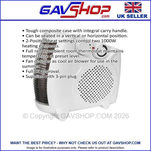 Fan heater or cooler - 2 Heat settings - Thermostat Control - 1000w or 2000w